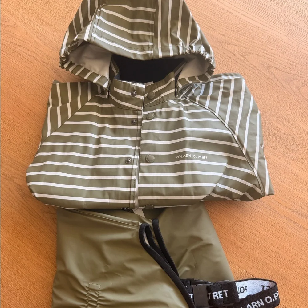 Polarn O. Pyret Olive Green and White Striped Rain Set - Picture 1 of 6